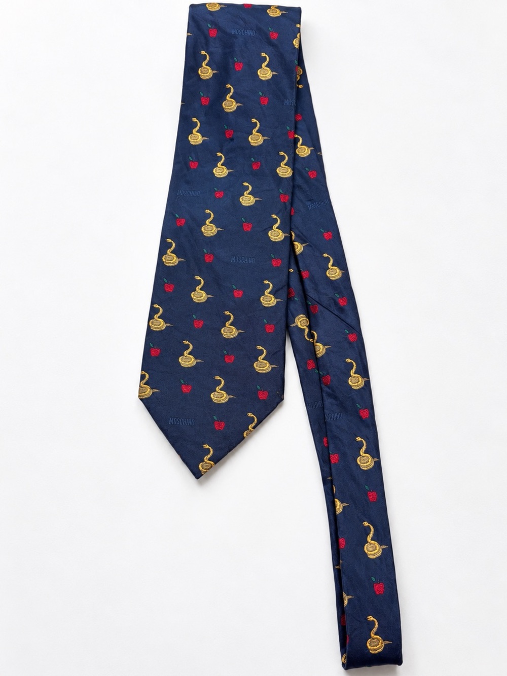 VINTAGE MOSCHINO Silk Adam & Eve-Inspired Apple + Snake Logo Novelty Necktie